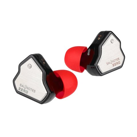 7Hz Salnotes Zero earphone with steel faceplate and red silicone tips