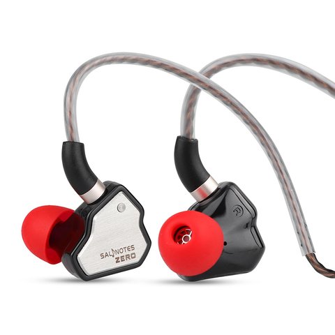 Pair of Salnotes Zero earbuds showing detachable two-pin cable connector Pair of Salnotes Zero earbuds showing detachable two-pin cable connector