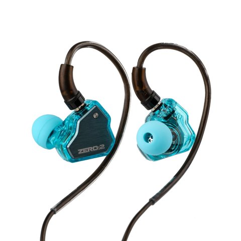 Zero 2 IEM shell with silver metal faceplate held next to detachable cable Zero 2 IEM shell with silver metal faceplate held next to detachable cable