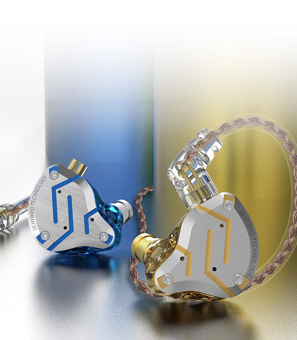 KZ ZS10 Pro hybrid driver in-ear monitors in blue and gold colorways KZ ZS10 Pro hybrid driver in-ear monitors in blue and gold colorways