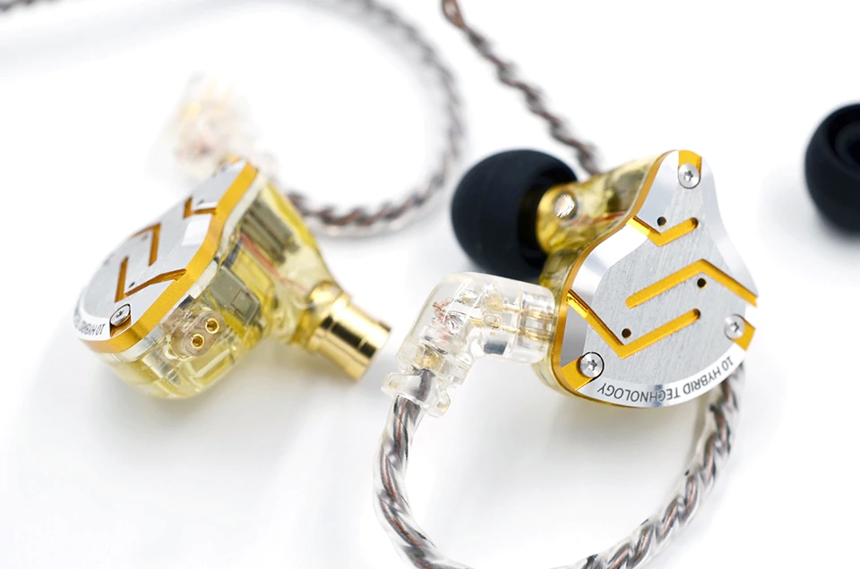 Close-up of KZ ZS10 Pro earphone shell showing dynamic and balanced armature driver housing Close-up of KZ ZS10 Pro earphone shell showing dynamic and balanced armature driver housing