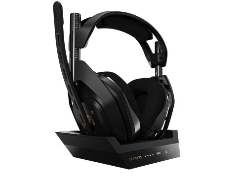 Astro A50 wireless gaming headset resting on its charging base station Astro A50 wireless gaming headset resting on its charging base station