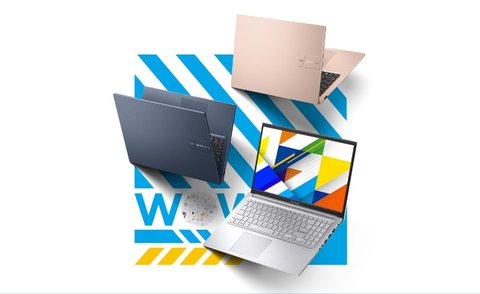 Asus Vivobook 15 laptops shown in multiple colors during driver download setup