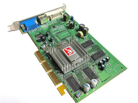 ATI branded AGP graphics card with heatsink installed in a desktop PC ATI branded AGP graphics card with heatsink installed in a desktop PC