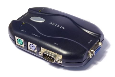 Belkin KVM switch rear panel showing keyboard mouse and VGA ports Belkin KVM switch rear panel showing keyboard mouse and VGA ports