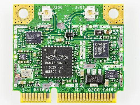 Broadcom wireless mini PCI network adapter card close up Broadcom wireless mini PCI network adapter card close up