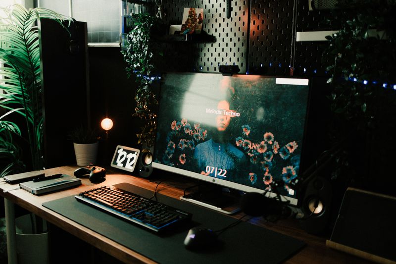 Modern home office desk setup with a computer and monitor