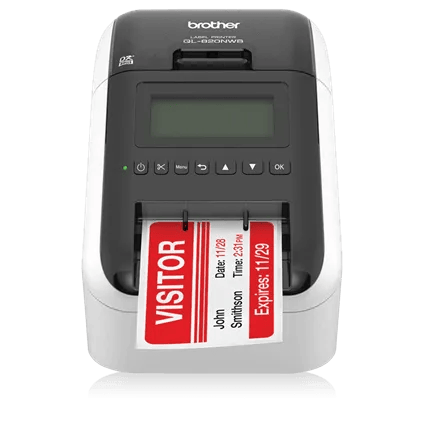 Brother QL-820NWB label printer printing a red visitor badge label Brother QL-820NWB label printer printing a red visitor badge label