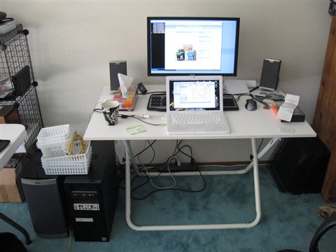 Home office desk with printer nearby for scanning and document workflow Home office desk with printer nearby for scanning and document workflow