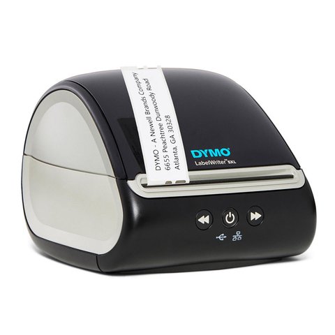Dymo LabelWriter 5XL thermal label printer with a shipping label printing out Dymo LabelWriter 5XL thermal label printer with a shipping label printing out