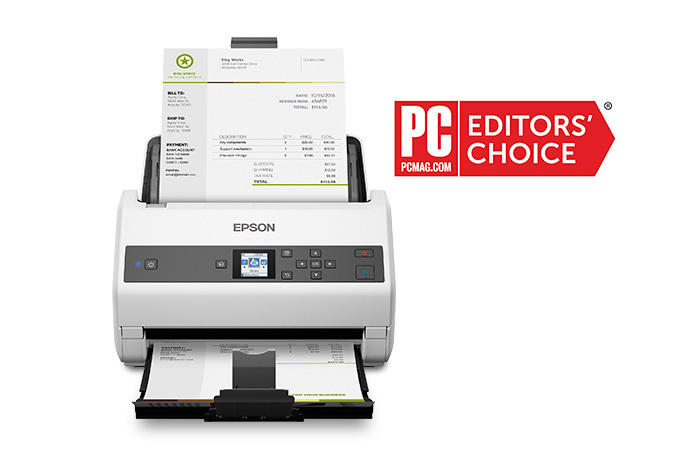 Epson DS-870 color duplex workgroup document scanner scanning an invoice