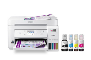 Epson EcoTank ET-3850 all-in-one supertank printer with its four ink bottles Epson EcoTank ET-3850 all-in-one supertank printer with its four ink bottles