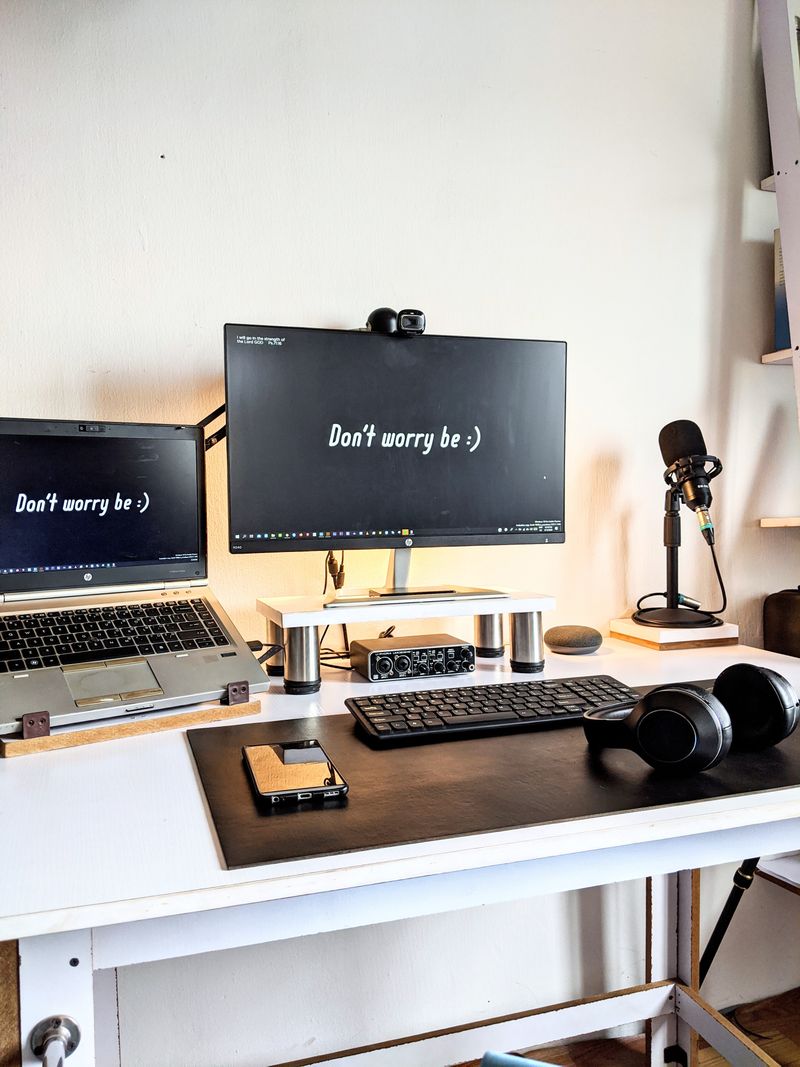 Home office desk setup used for scanning and organizing digital files Home office desk setup used for scanning and organizing digital files
