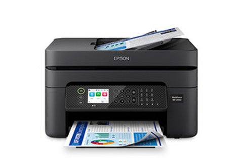 Epson WorkForce WF-2950 all-in-one printer with document loaded on output tray Epson WorkForce WF-2950 all-in-one printer with document loaded on output tray