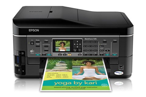 Epson WorkForce 545 all-in-one inkjet printer shown from the front with control panel visible
