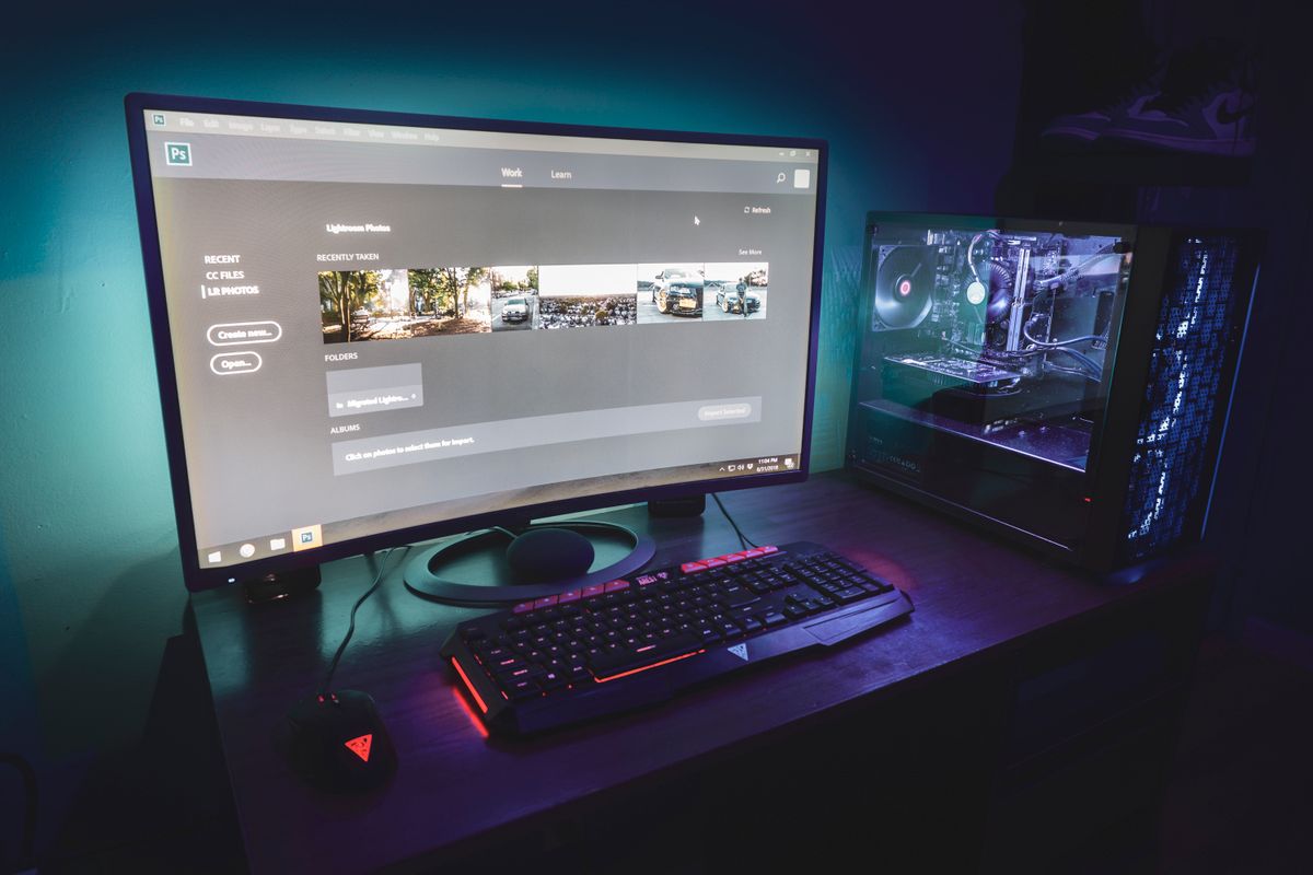 Gaming PC desk setup with monitor and keyboard Gaming PC desk setup with monitor and keyboard