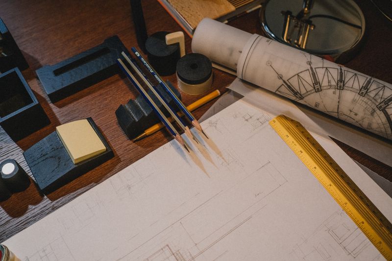 Architectural blueprints and drafting tools spread on a desk Architectural blueprints and drafting tools spread on a desk
