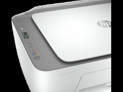 HP DeskJet 2755e all-in-one printer showing its control panel and lid HP DeskJet 2755e all-in-one printer showing its control panel and lid