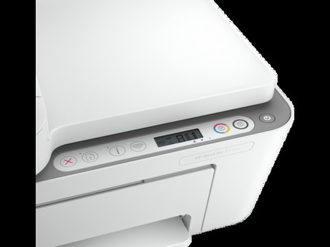 HP DeskJet 4155e control panel closeup showing wireless and status icons
