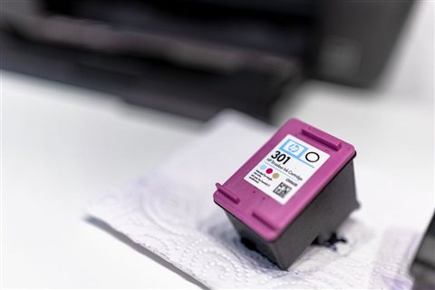 Close-up of an HP branded ink cartridge showing typical replacement part for this printer Close-up of an HP branded ink cartridge showing typical replacement part for this printer