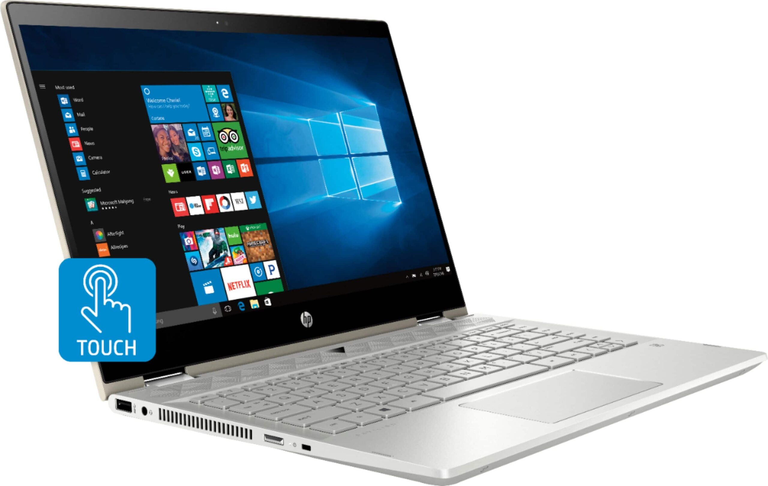 HP Pavilion x360 2 in 1 touchscreen laptop open at an angle HP Pavilion x360 2 in 1 touchscreen laptop open at an angle