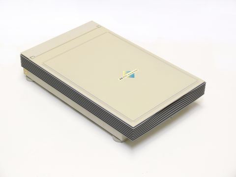 HP flatbed scanner with lid open ready to scan a document HP flatbed scanner with lid open ready to scan a document