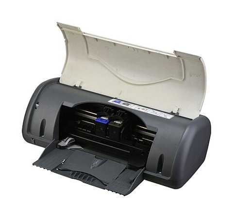 HP inkjet printer with top cover open showing the ink cartridge carriage HP inkjet printer with top cover open showing the ink cartridge carriage