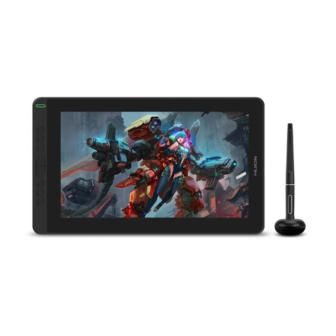 Huion Kamvas 13 pen display shown flat with stylus and screen artwork