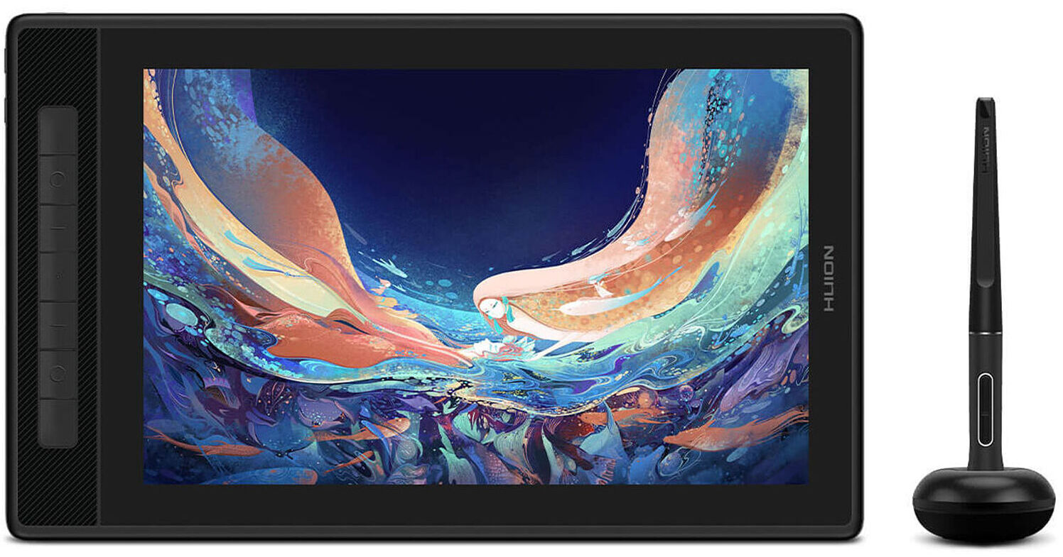 Huion Kamvas Pro 13 pen display shown with its battery-free stylus and stand