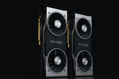 Two NVIDIA branded RTX graphics cards standing side by side against a dark background Two NVIDIA branded RTX graphics cards standing side by side against a dark background