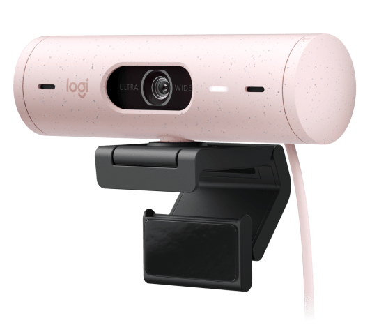 Logitech Brio 500 webcam mounted on a laptop screen in rose color Logitech Brio 500 webcam mounted on a laptop screen in rose color