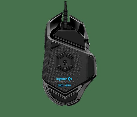 Underside of the G502 mouse showing the optical sensor and PTFE glide feet Underside of the G502 mouse showing the optical sensor and PTFE glide feet