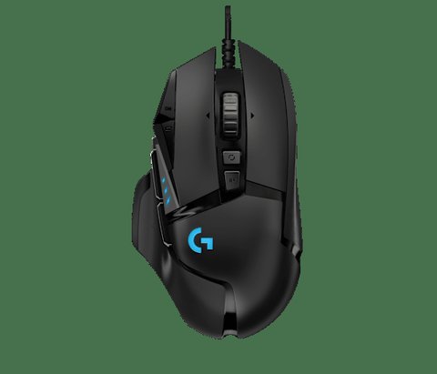 Top down view of the G502 mouse highlighting the ridged scroll wheel and side buttons Top down view of the G502 mouse highlighting the ridged scroll wheel and side buttons