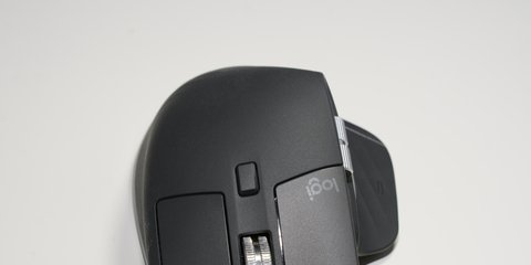 Logitech MX Master 3S MagSpeed scroll wheel and thumb button close up Logitech MX Master 3S MagSpeed scroll wheel and thumb button close up