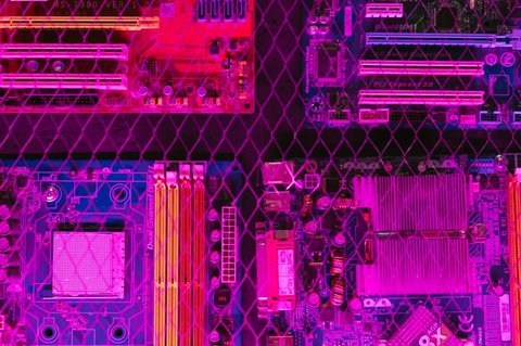 Detailed close up of motherboard expansion slots and memory banks Detailed close up of motherboard expansion slots and memory banks