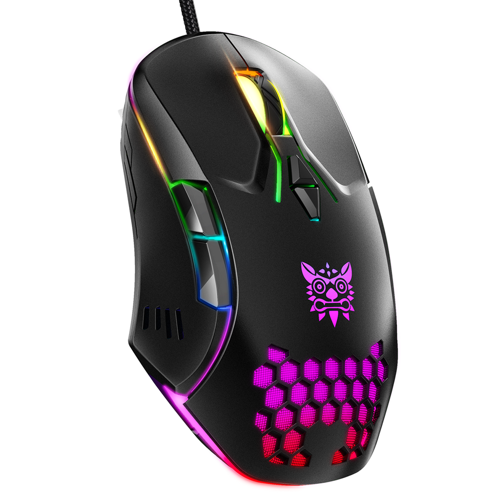 Onikuma CW902 wired RGB optical gaming mouse on a desk Onikuma CW902 wired RGB optical gaming mouse on a desk