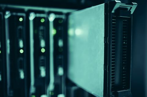 Server rack housing an Adaptec RAID controller and disk array
