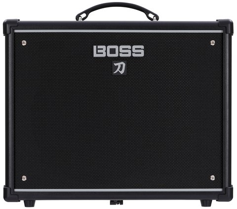Black BOSS Katana guitar combo amplifier front panel with Katana logo Black BOSS Katana guitar combo amplifier front panel with Katana logo