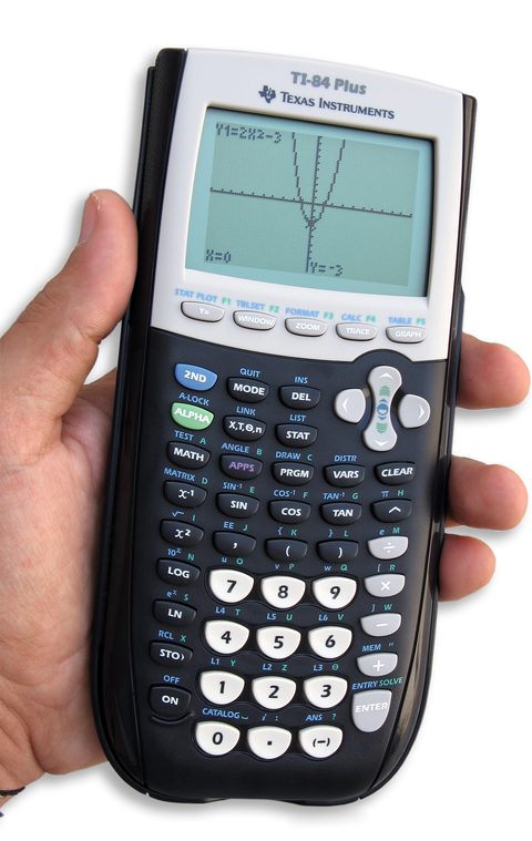 Hand holding a TI-84 Plus graphing calculator displaying a graph on screen