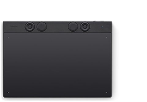 Wacom Intuos Pro drawing tablet viewed from above showing its dial controls Wacom Intuos Pro drawing tablet viewed from above showing its dial controls