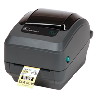 Zebra GK420T desktop thermal transfer barcode printer printing a shelf label Zebra GK420T desktop thermal transfer barcode printer printing a shelf label