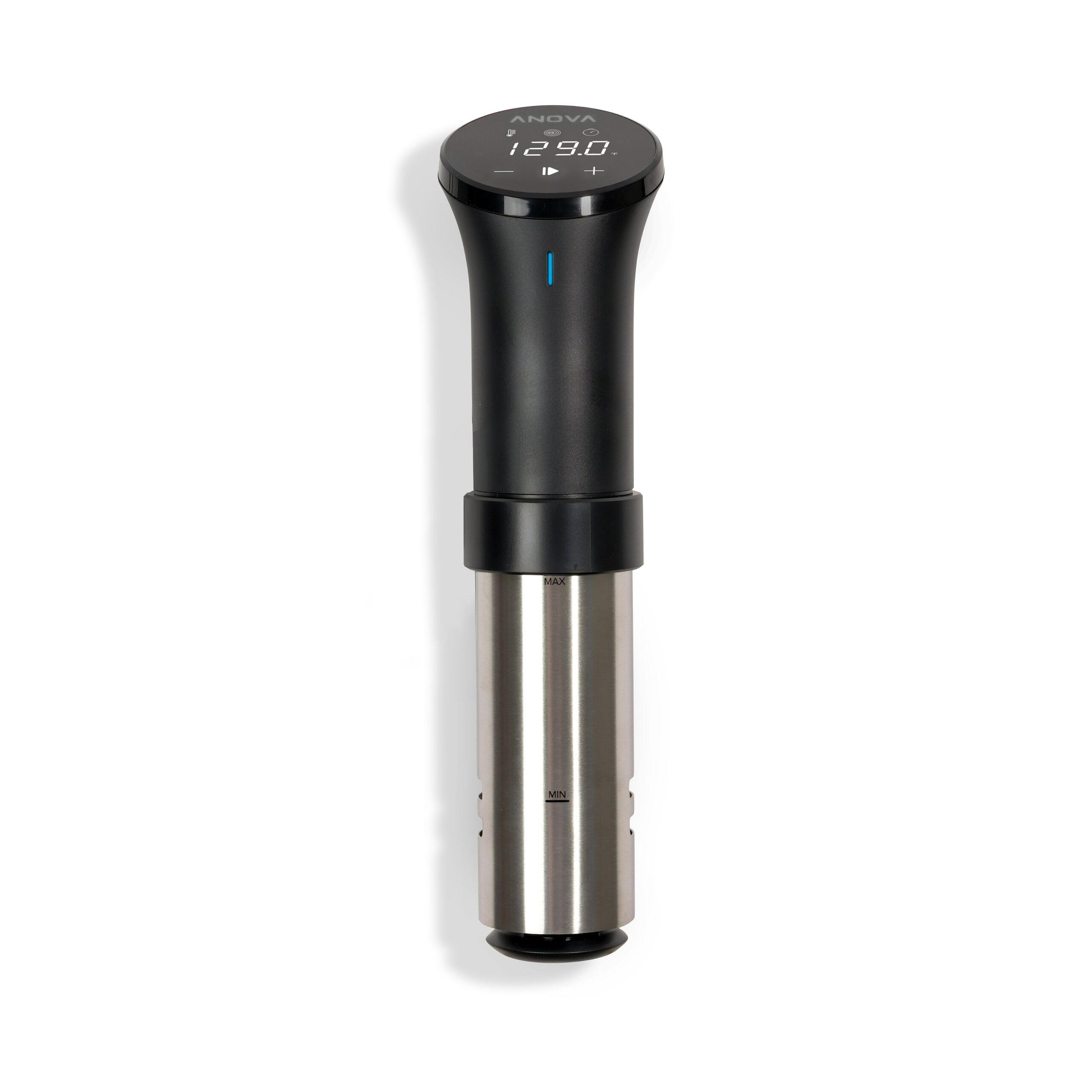 Anova Precision Cooker immersion circulator displaying its temperature readout Anova Precision Cooker immersion circulator displaying its temperature readout