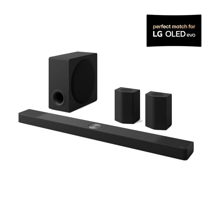 LG Dolby Atmos soundbar system with wireless subwoofer and rear speaker units LG Dolby Atmos soundbar system with wireless subwoofer and rear speaker units