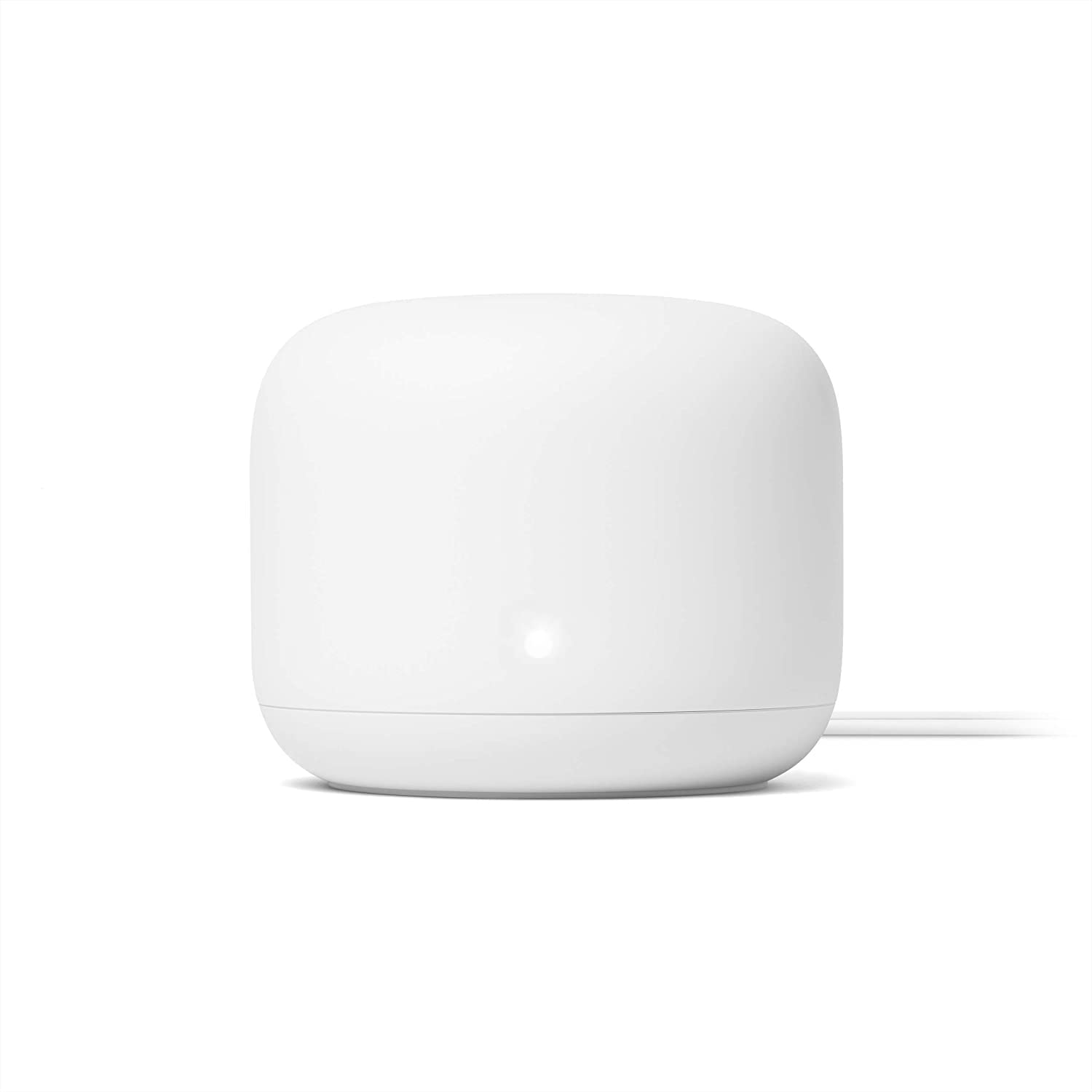 Google Nest Wifi mesh router unit with a small status light on the front Google Nest Wifi mesh router unit with a small status light on the front