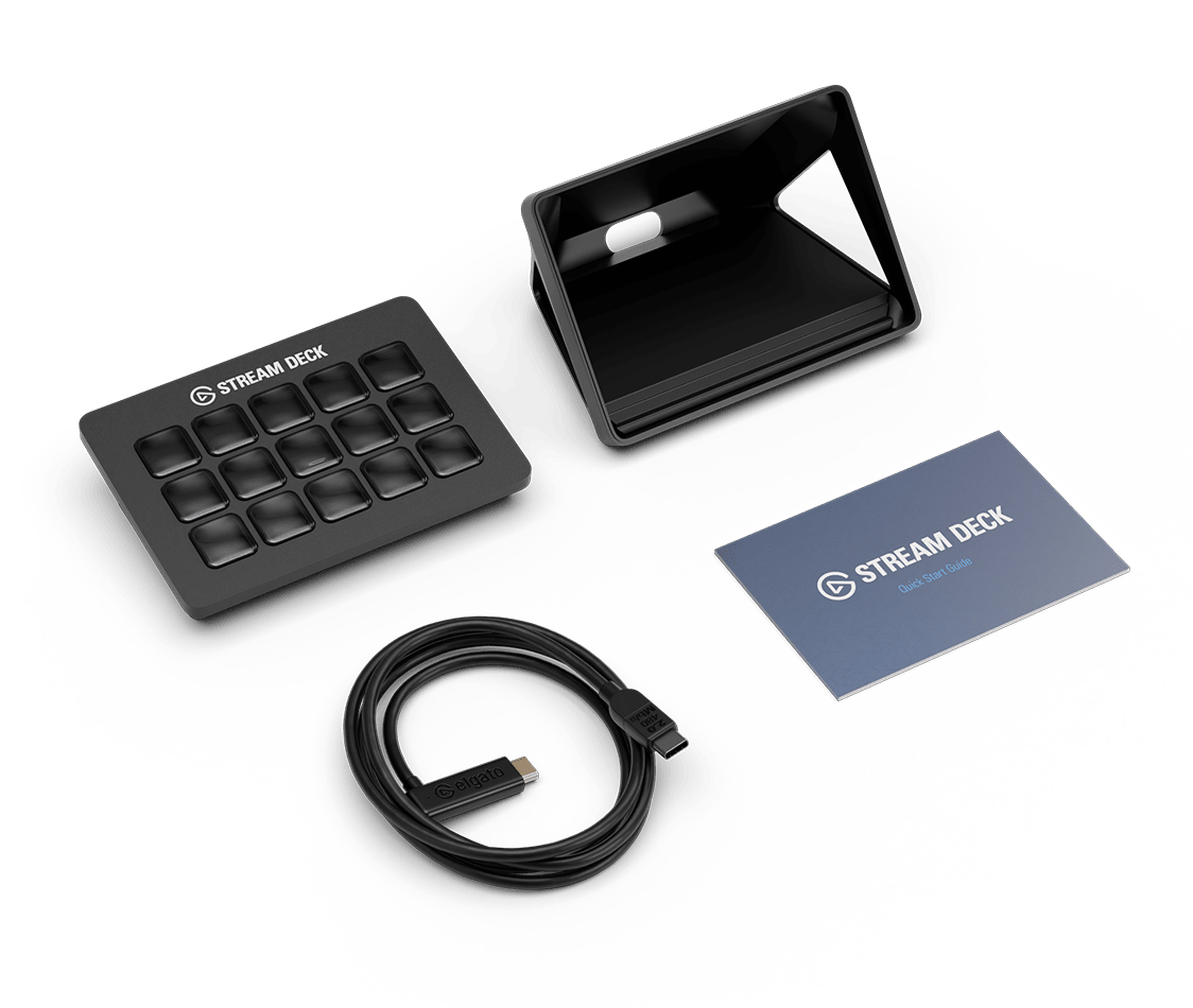 Elgato Stream Deck MK.2 keypad unboxed next to its stand, cable and quick start guide Elgato Stream Deck MK.2 keypad unboxed next to its stand, cable and quick start guide
