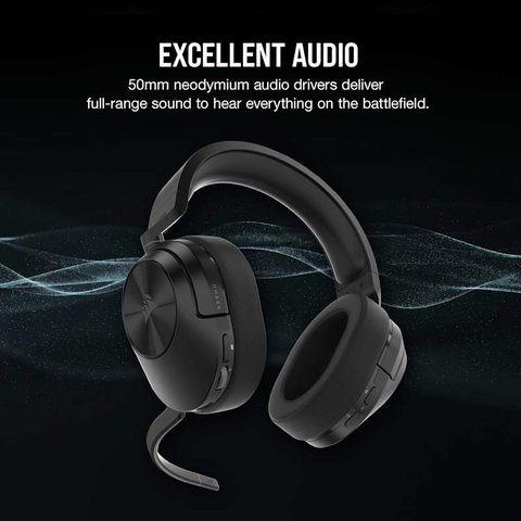 Corsair HS55 headset side profile showing the earcup and adjustable headband Corsair HS55 headset side profile showing the earcup and adjustable headband