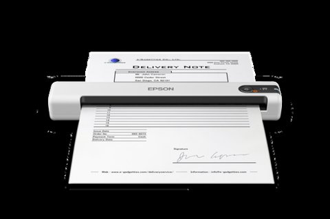 Compact Epson DS-70 portable document scanner feeding a paper receipt Compact Epson DS-70 portable document scanner feeding a paper receipt