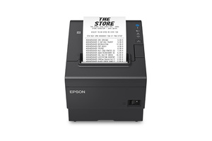 Epson TM-T88VII thermal receipt printer printing a receipt at a checkout counter
