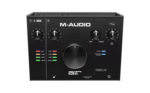 Angled view of the M-Audio AIR 192 4 showing USB and headphone output ports Angled view of the M-Audio AIR 192 4 showing USB and headphone output ports