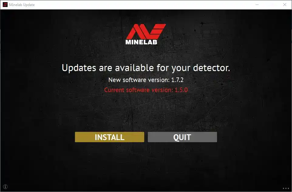 Minelab Update Utility showing an available software update with install and quit buttons Minelab Update Utility showing an available software update with install and quit buttons